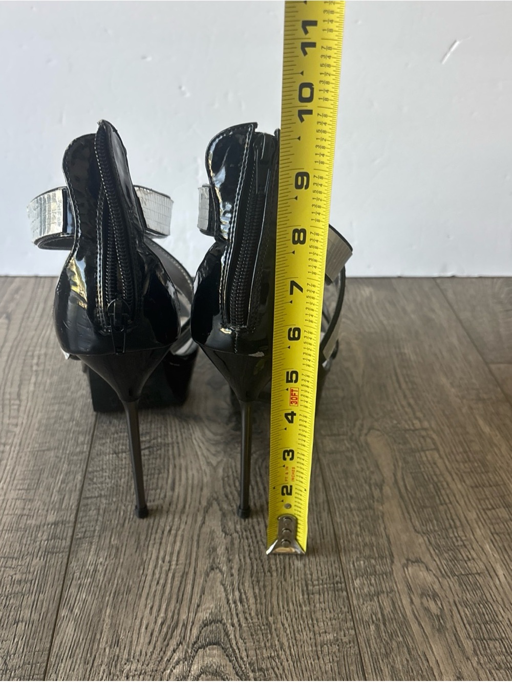 Ellie Black Patent Platform Stiletto Sandals with Silver Mosaic Straps - Picture 5 of 14